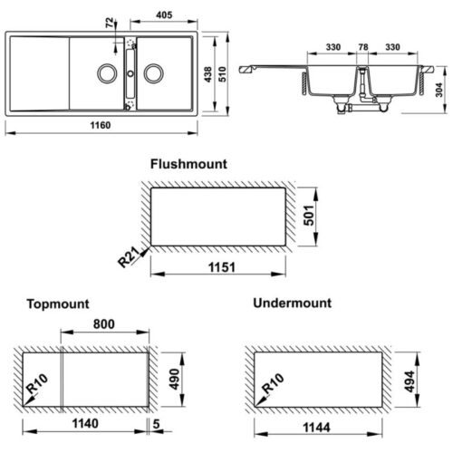 Kích thước chậu rửa bát đá Hafele HS20-GKD2S80 570.33.330